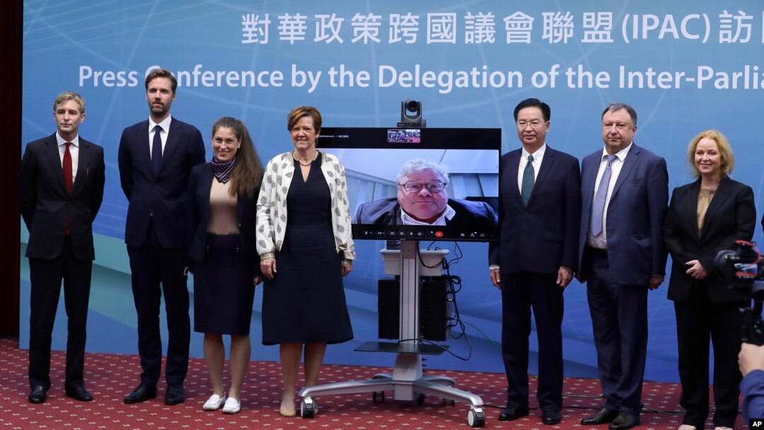 European lawmakers who are part of the Inter-Parliamentary Alliance on China gather during a press conference at the Ministry of Foreign Affairs in Taipei, Taiwan, Nov. 3, 2022. 