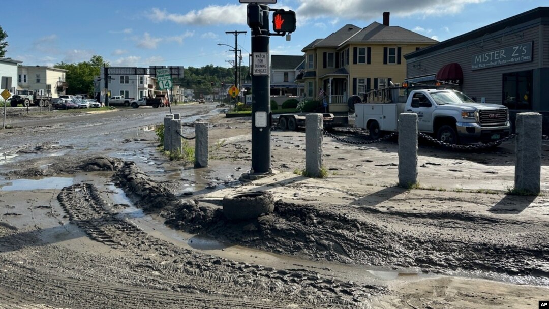 Mud and debris covers roads in Barre, Vermont, on July 11, 2024, after the remnants of Hurricane Beryl caused flooding. 