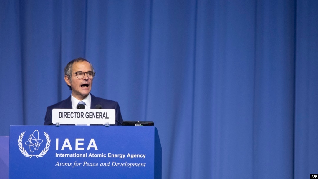 라파엘 그로시 국제원자력기구(IAEA) 사무총장이 25일 오스트리아 빈에서 개막한 제67차 IAEA 정기총회에서 발언하고 있다.