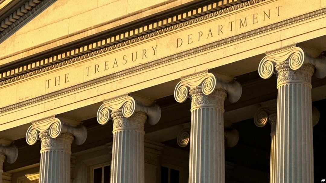 FILE - The Treasury Department is seen in Washington, Jan. 18, 2023. The U.S. on April 23, 2024, sanctioned four people and two companies for "malicious cyber activity" on behalf of Iran's military.