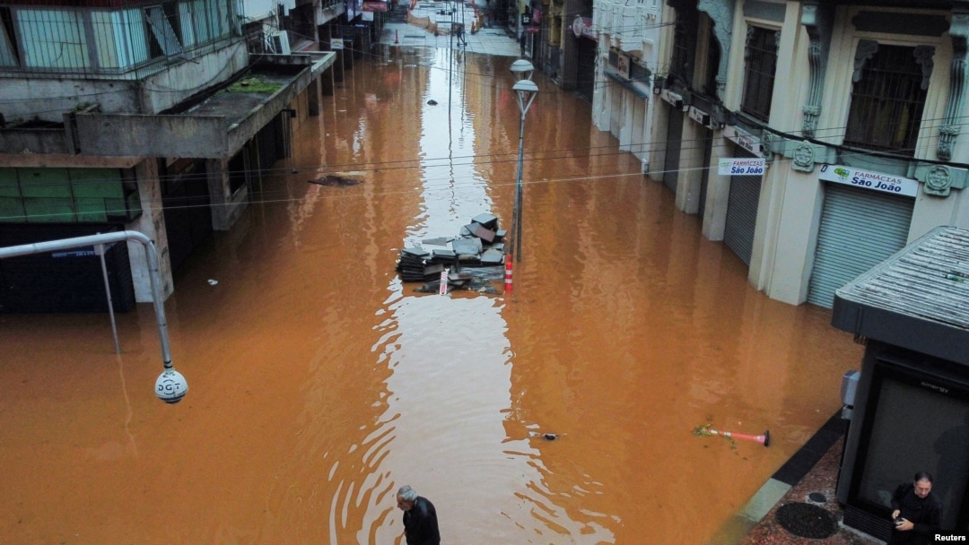 A drone view shows a flooded city center after people were evacuated in Porto Alegre, in Rio Grande do Sul, Brazil, May 4, 2024.