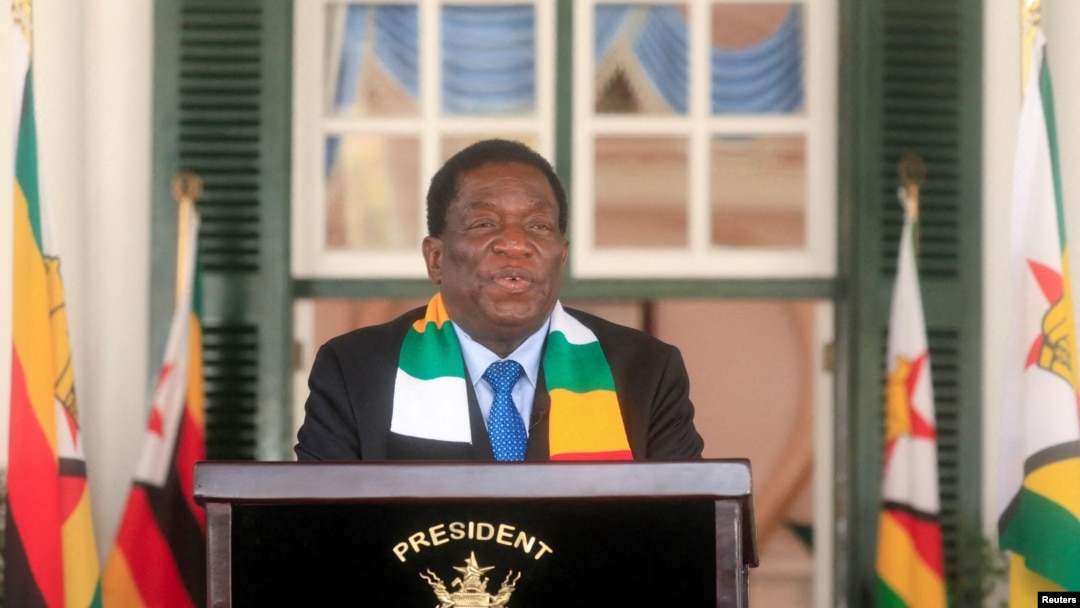 Zimbabwe's President-elect Emmerson Mnangagwa speaks to the media at State House in Harare, Aug. 27, 2023.