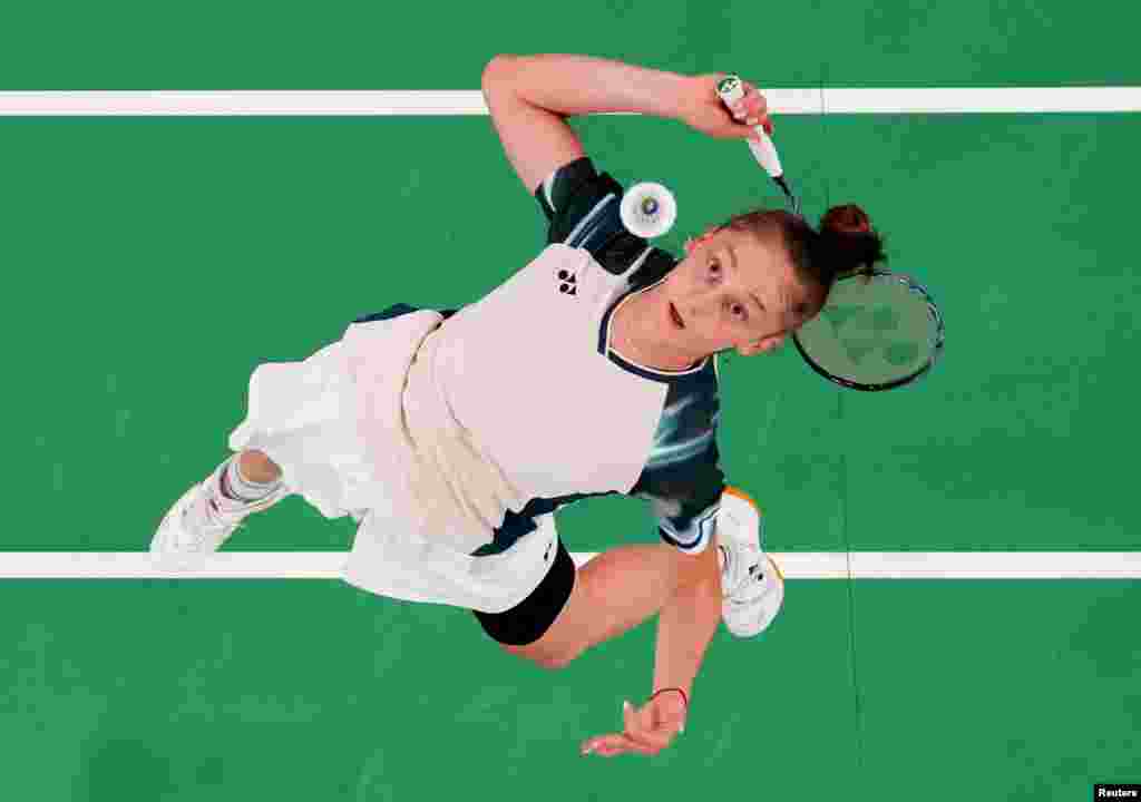 Kaloyana Nalbantova of Bulgaria plays against Xuefei Qi of France during the women's singles badminton group A match during the 2024 Summer Olympics at Porte de la Chapelle Arena in Paris, France.