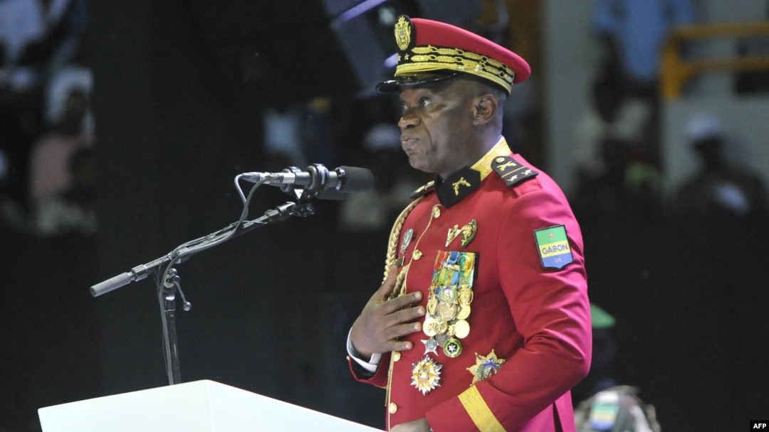 FILE - Gabon Transitional President General Brice Oligui Nguema speaks during the opening of the National Dialogue in Gabon at the Libreville Gymnasium in Libreville on April 2, 2024. The month-long talks conclude at the end of April 2024.