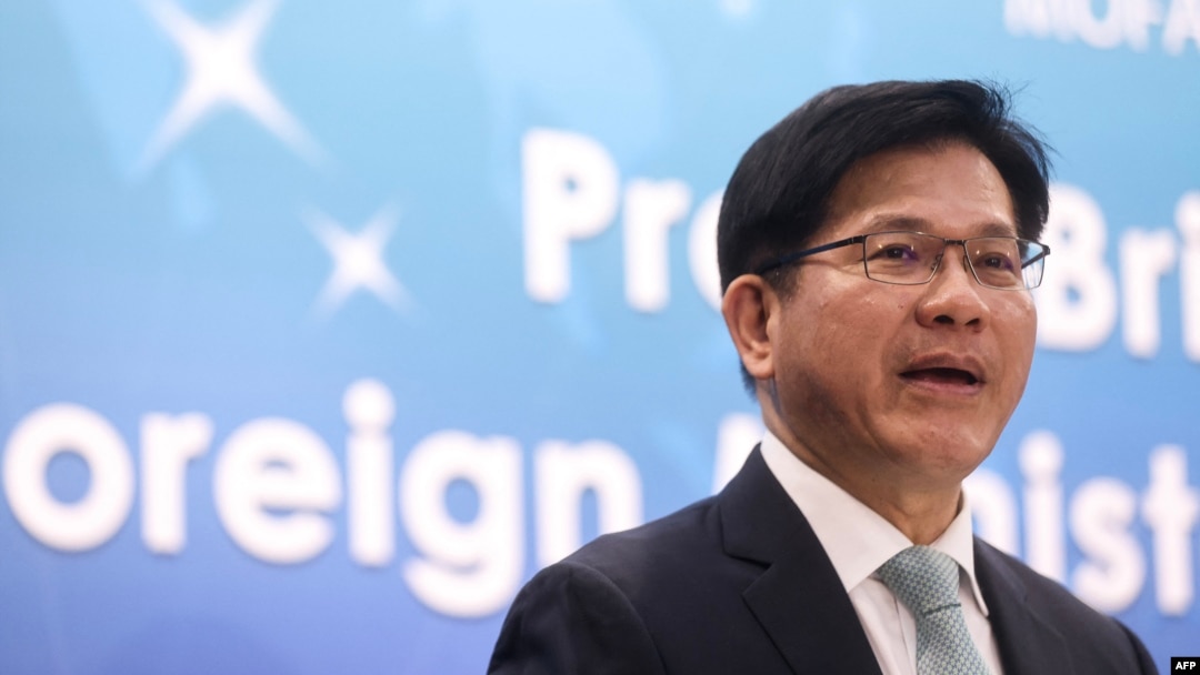 台灣外交部長林佳龍在台北舉行的記者會上致詞。 （2024年7月19日）