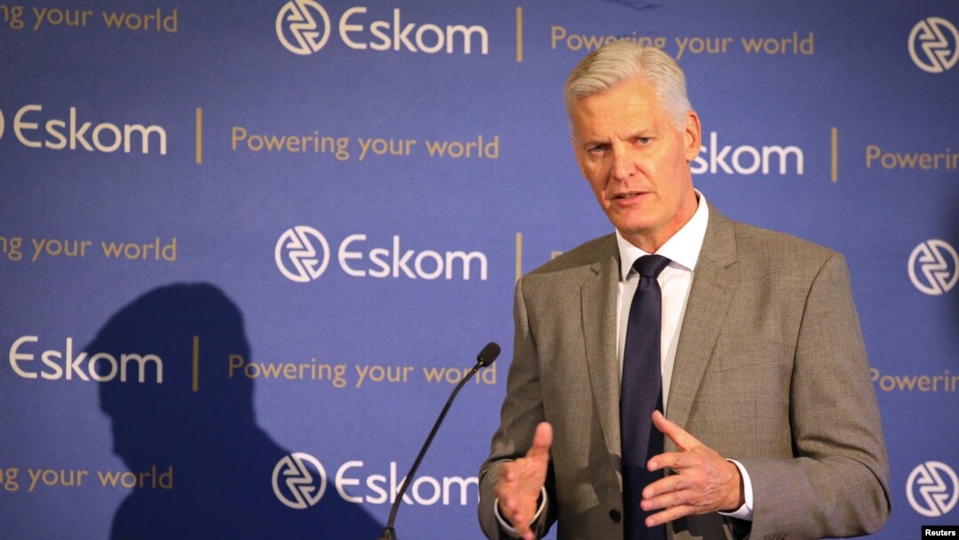 FILE - Then-CEO of state-owned power utility Eskom Andre de Ruyter speaks during a media briefing in Johannesburg, South Africa, Jan. 31, 2020.