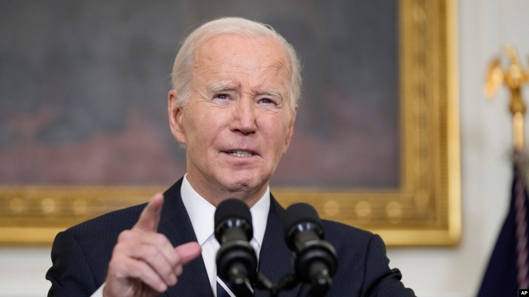 President Joe Biden speaks in the White House in Washington, Oct. 7, 2023, after the militant Hamas rulers of the Gaza Strip carried out an unprecedented, multi-front attack on Israel early that day.