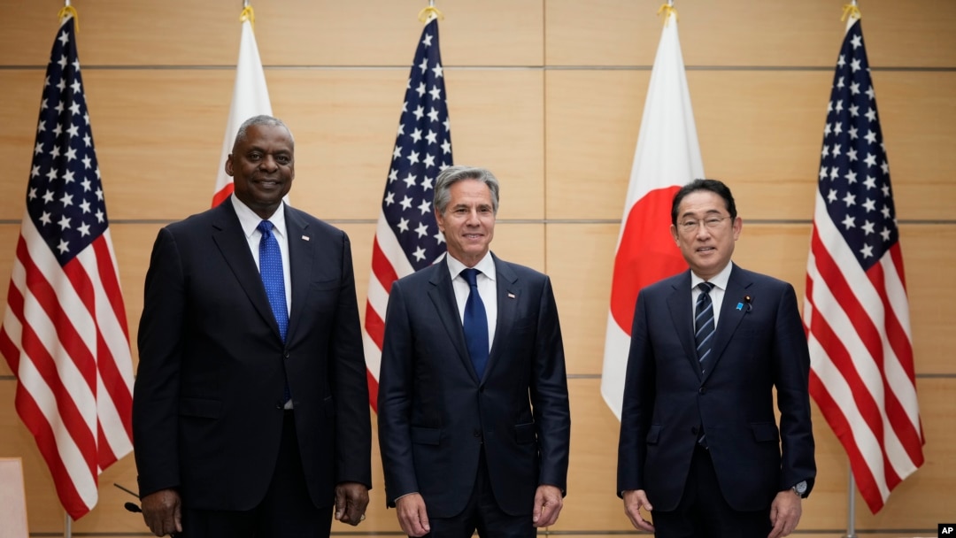 FILE - From left, U.S. Defense Secretary Lloyd Austin, U.S. Secretary of State Antony Blinken and Japanese Prime Minister Fumio Kishida meet in Tokyo, July 29, 2024. The U.S. announced this week a major upgrade of the U.S. military command in Japan.