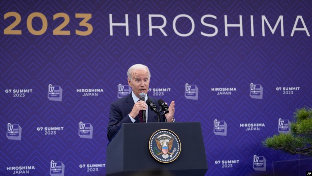 조 바이든 미국 대통령이 G7 정상회의가 열린 일본 히로시마에서 22일 기자회견을 했다.