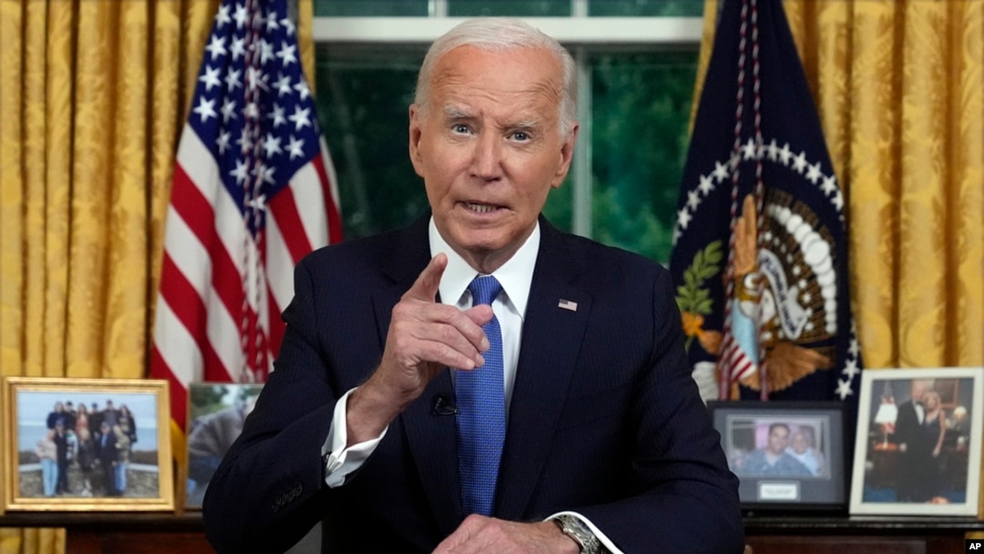 President Joe Biden addresses the nation from the Oval Office of the White House in Washington, July 24, 2024, about his decision to drop his Democratic presidential reelection bid. (Pool via AP)