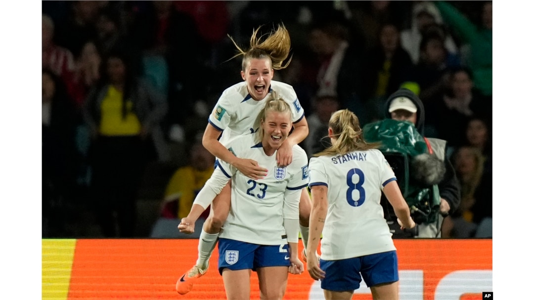 England's Alessia Russo (23) celebrates after scoring her side's second goal during the Women's World Cup quarterfinal soccer match against Colombia at Stadium Australia in Sydney on Aug. 12, 2023.