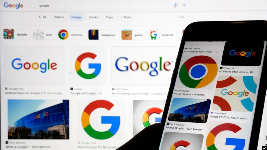 FILE - Google logos pop up in a search in New York, Sept. 11, 2023. Google said Aug. 14, 2024, that an Iranian group had tried to infiltrate personal email accounts of roughly a dozen people linked to President Joe Biden and former President Donald Trump since May.