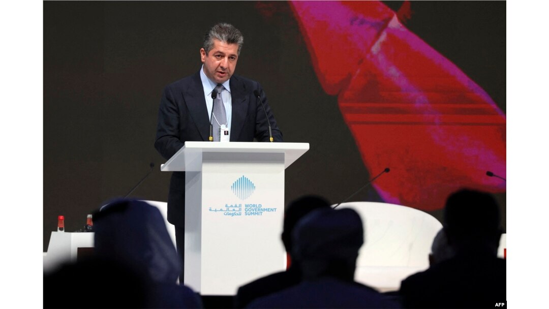 FILE - Masrour Barzani, Prime Minister of Iraqi Kurdistan's regional government, speaks during an energy forum in Dubai on March 28, 2022. Barzani traveled to Dubai on Nov. 30, 2023, to attend the U.N. Conference of the Parties, or COP28.
