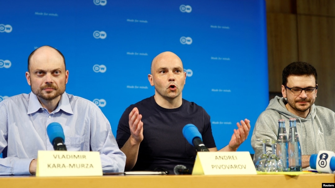 Vladimir Kara-Murza, Andrei Pivovarov and Ilya Yashin hold a press conference in Bonn, Germany, after being freed in a multi-country prisoner swap Aug. 2, 2024.