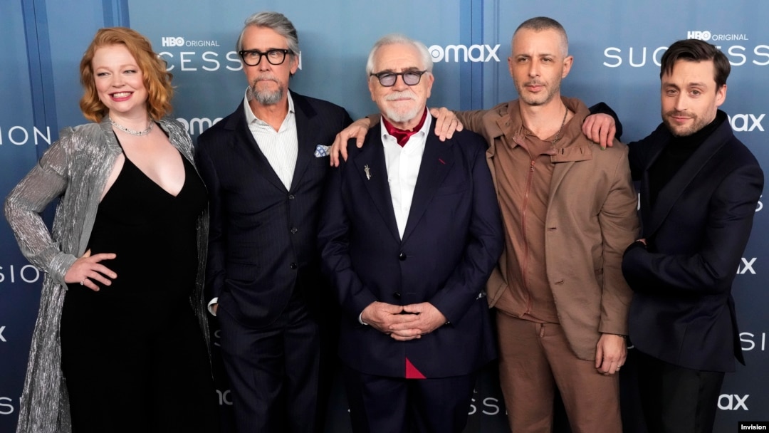 FILE - The cast of "Succession" at its New York premiere on March 20, 2023. From left: Sarah Snook, Alan Ruck, Brian Cox, Jeremy Strong and Kieran Culkin. The show earned 27 Emmy nominations, which were announced July 12, 2023. 