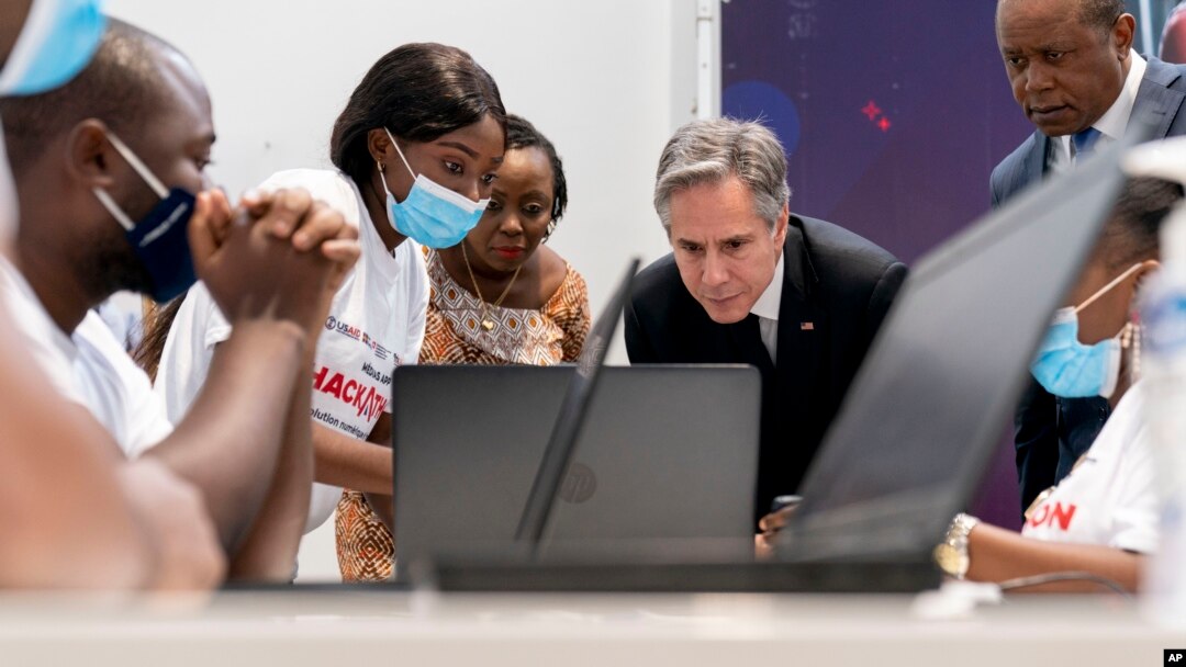 Secretary of State Antony Blinken visits an election transparency hackathon event at the Kinshasa Digital Academy in Kinshasa, Congo, Aug. 10, 2022, prior to traveling to Rwanda later in the day.
