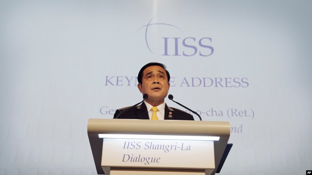 Thailand's Prime Minister Prayuth Chan-ocha delivers the keynote address at the Opening Dinner of the 15th International Institute for Strategic Studies Shangri-la Dialogue, or IISS, Asia Security Summit on June 3, 2016, in Singapore. 