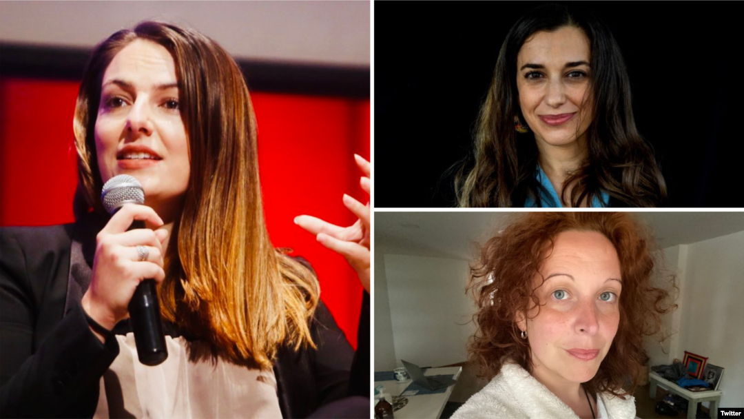 En el sentido de las manecillas del reloj: las periodistas españolas Raquel Godos, Lorena Arroyo y Cristina García Casado. Fotos de un tuit de La Casa Encendida.