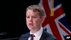 FILE - Chris Hipkins, then New Zealand's COVID-19 Response Minister, speaks during a press conference in Wellington, New Zealand, on Oct. 28, 2021. Hipkins is expected to be named the country's next prime minister. 