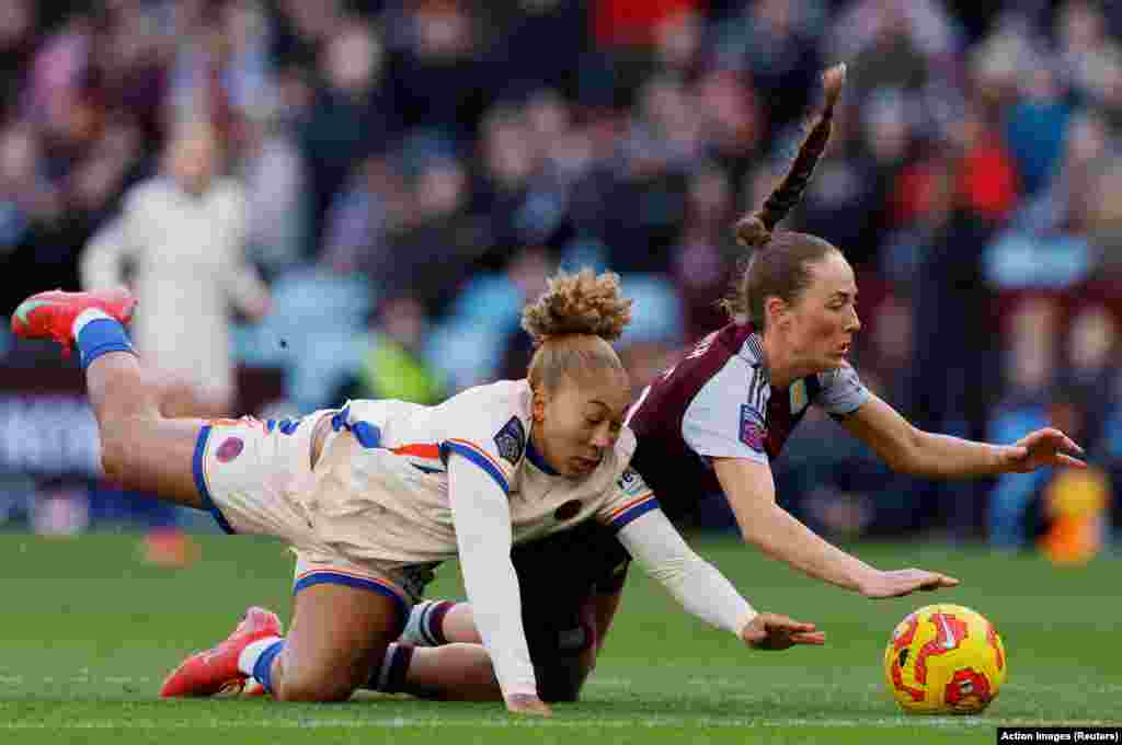 Chelsea's Lauren James fouls Aston Villa's Lucy Parker during the Women's Super League football match between Aston Villa and Chelsea in Villa Park, Birmingham, Britain.