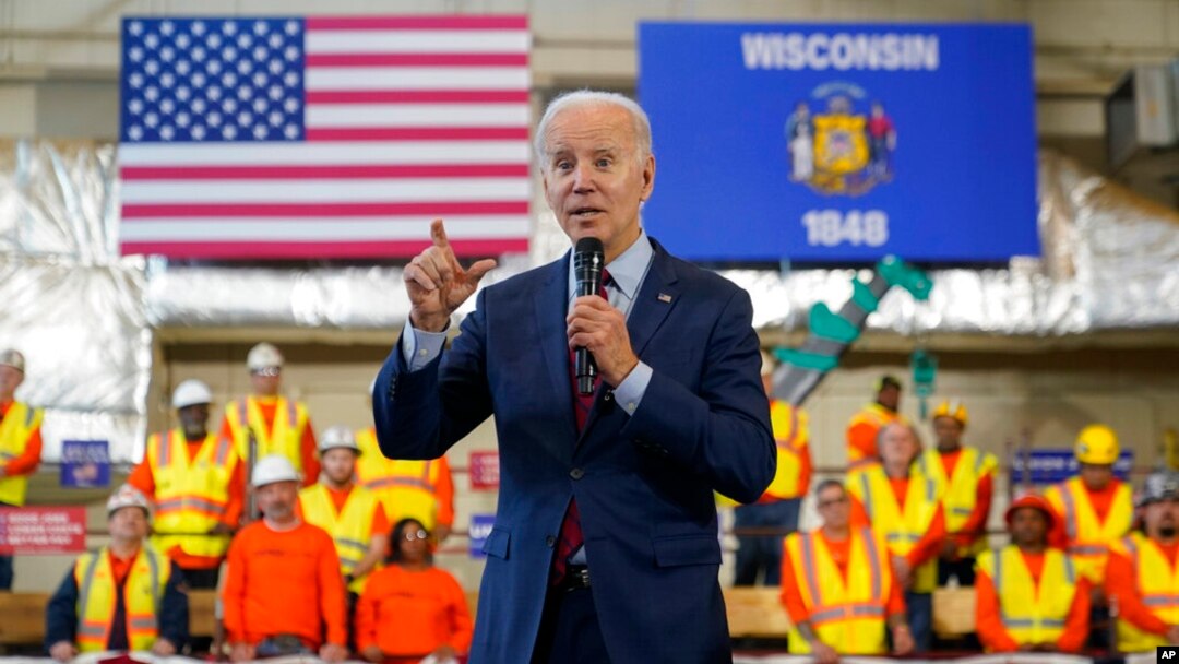 President Joe Biden speaks about his economic agenda at LIUNA Training Center, Feb. 8, 2023, in DeForest, Wis.