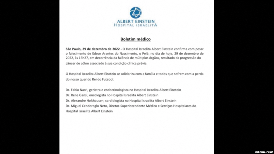 Hospital Albert Einstein, em São Paulo, divulgou boletim médico confirmando a morte de Pelé nesta quinta-feira