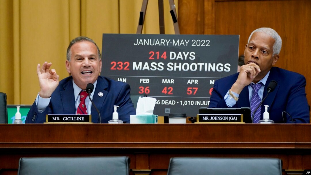 Rep. David Cicilline, D-R.I., left, joined by Rep. Hank Johnson, D-Ga., speaks at a House Judiciary Committee emergency meeting to advance a series of Democratic gun control measures, at the Capitol in Washington, June 2, 2022. 