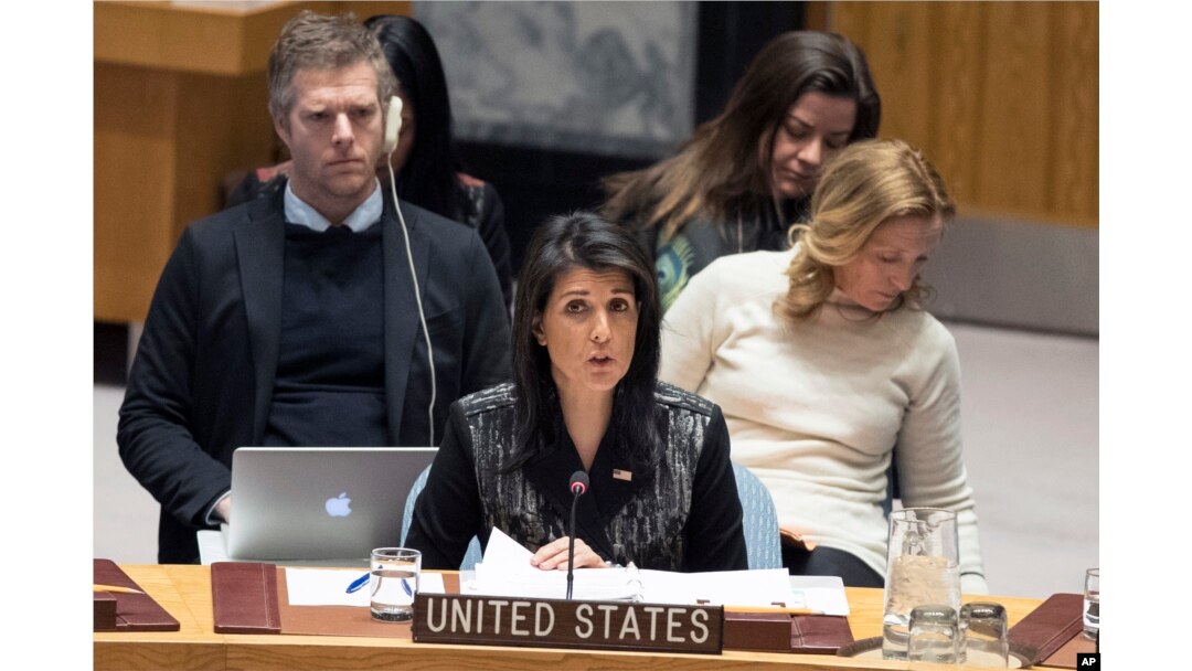 U.S. Ambassador to the United Nations Nikki Haley speaks during a Security Council meeting on the situation in Iran, at United Nations headquarters in New York, Jan. 5, 2018.