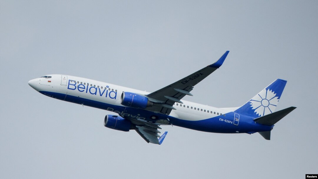 FILE - A Boeing 737-800 plane of Belarusian state carrier Belavia takes off at the Domodedovo Airport outside Moscow, Russia, May 28, 2021. 