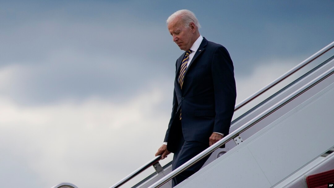 President Joe Biden arrives at Andrews Air Force Base after delivering remarks in Cleveland about the American Recovery Act, July 6, 2022, in Andrews Air Force Base, Maryland.