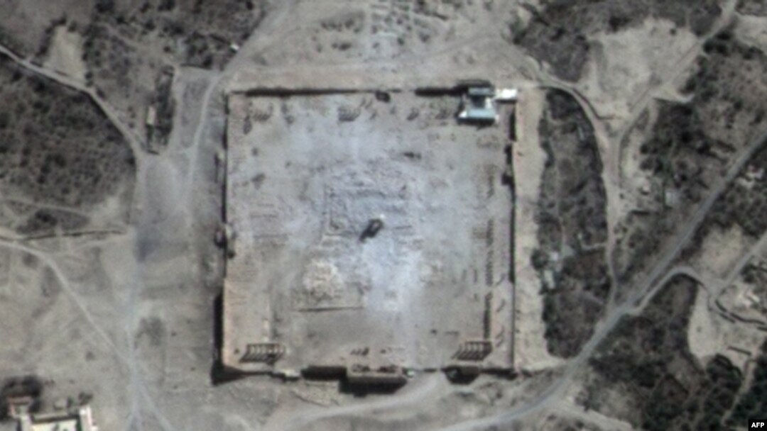 This handout picture provided by UNITAR-UNOSAT shows a close-up of a satellite-acquired image, with rubble seen at the location of the Temple of Bel in Syria's ancient city of Palmyra, Aug. 31, 2015. (UNITAR-UNOSAT / URTHECAST)