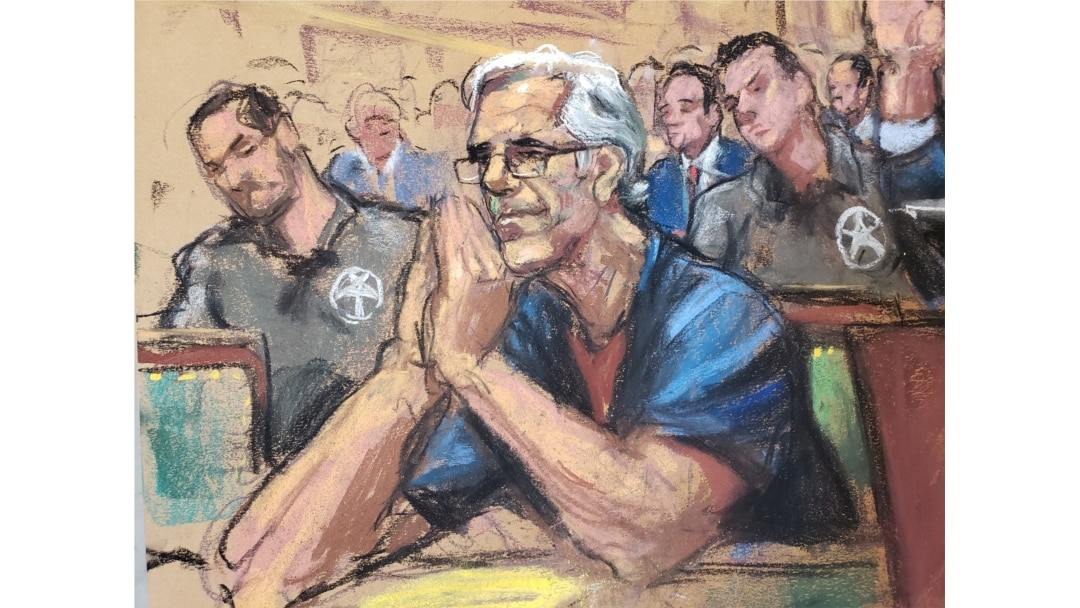FILE - Financier Jeffrey Epstein looks on during a bail hearing in his sex trafficking case, in this court sketch in New York, July 15, 2019.