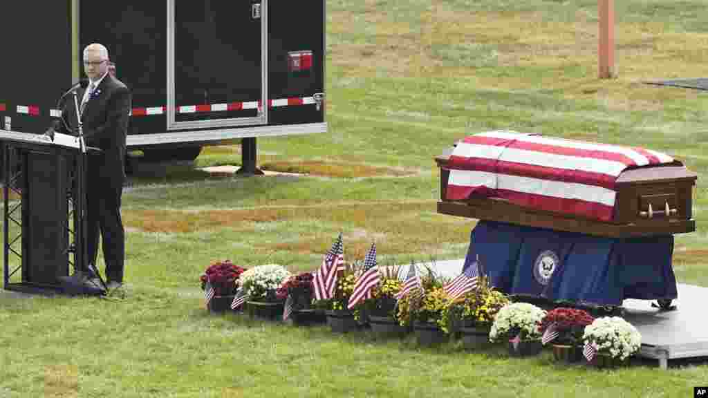 Kip Soviak speaks during the funeral of his son, Navy Corpsman Maxton Soviak, at Edison High School Stadium in Milan, Ohio. Maxton was one of 13 U.S. troops killed in a suicide bombing at Afghanistan's Kabul airport on Aug. 26.