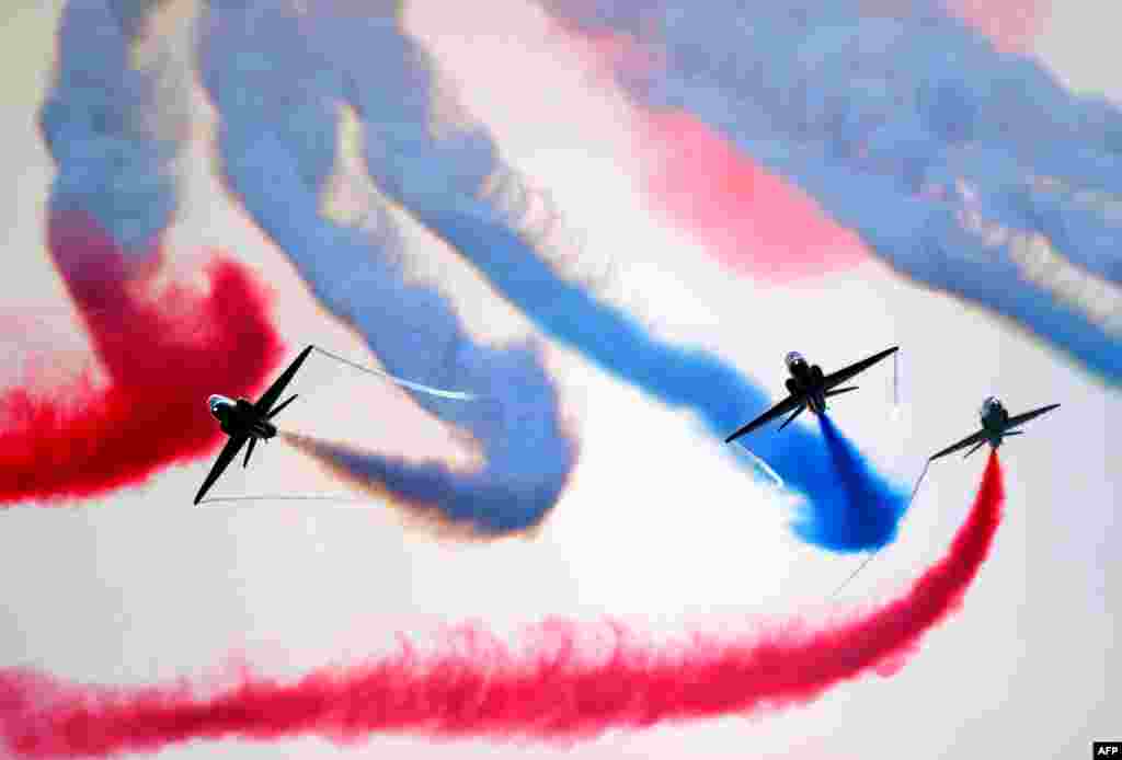 The British Royal Air Force's (RAF) aerobatic team, the "Red Arrows," performs aerial maneuvers during celebrations marking Saudi Arabia's 87th National Day, in Jeddah, Sept. 25, 2017.