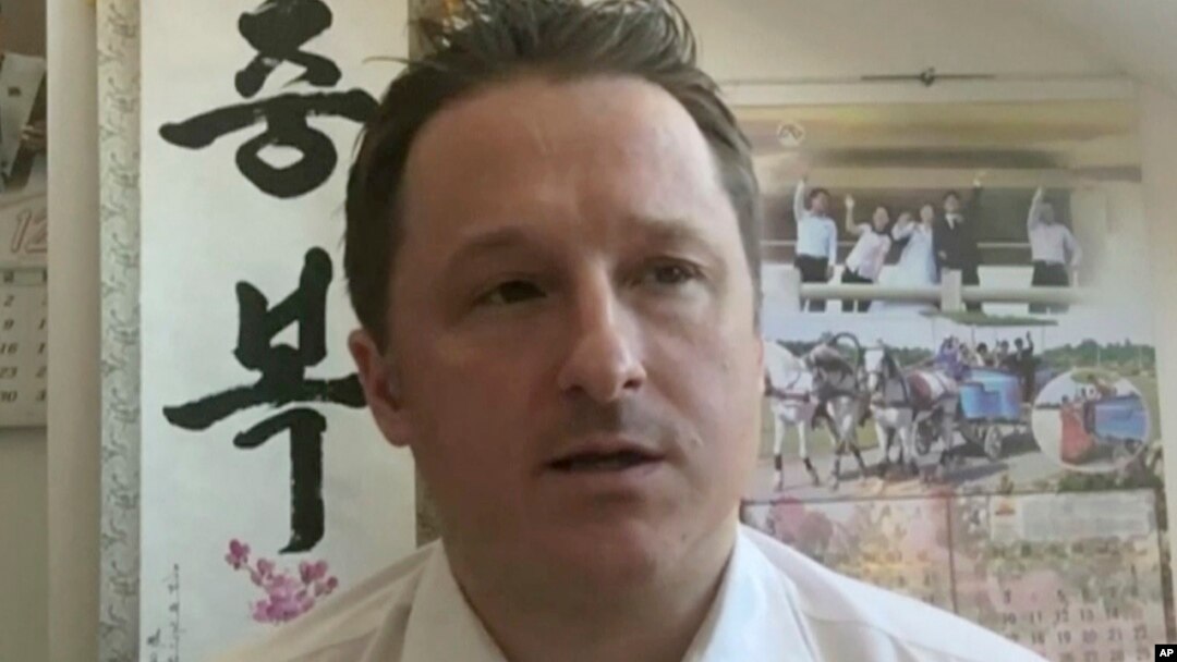 In this image made from video taken March 2, 2017, Michael Spavor, director of Paektu Cultural Exchange, talks during a Skype interview in Yangi, China. 