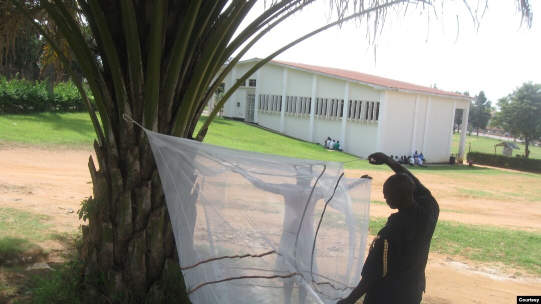 Researchers in Uganda demonstrate the design of the SmartNet technology. SmartNets use conductive fabric to detect when they are folded up or in use. (Courtesy - Paul Krezanoski)