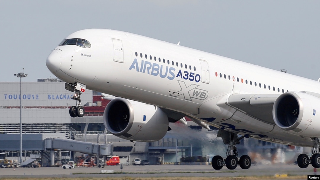 An Airbus A350 takes off at the aircraft builder's headquarters in Colomiers near Toulouse, France, Sept. 27, 2019.