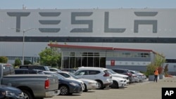A masked person walks on the grounds of the Tesla plant in Fremont, California, May 11, 2020. The parking lot at the electric car factory was nearly full Monday.