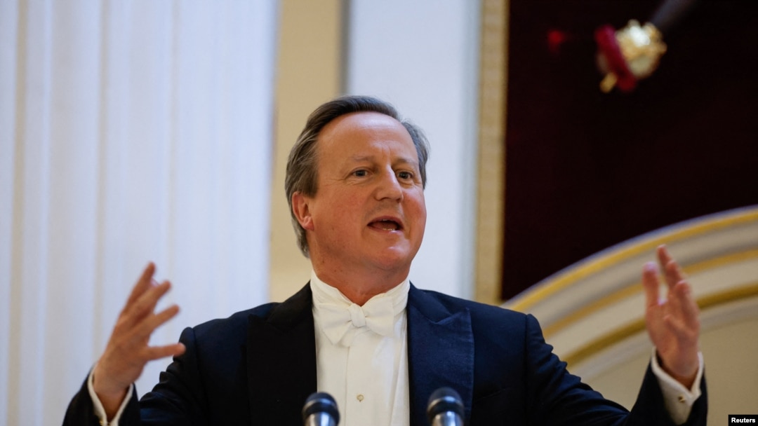 FILE - Britain's Foreign Secretary David Cameron delivers a speech during the annual Lord Mayor's Easter Banquet at Mansion House in London, May 9, 2024