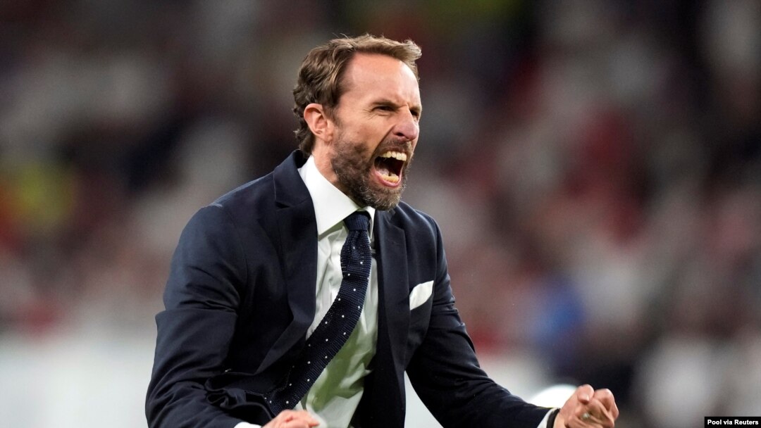 England manager Gareth Southgate celebrates after the victory over Denmark on July 7, 2021. 