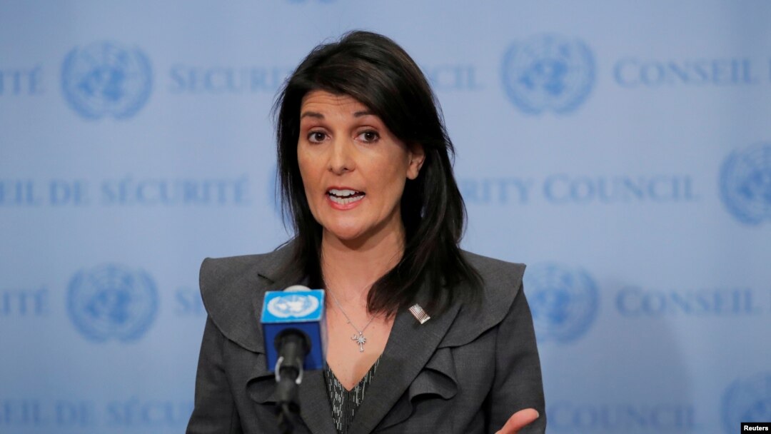 FILE - U.S. Ambassador to the United Nations Nikki Haley speaks at UN headquarters in New York, NY, U.S., Jan. 2, 2018.