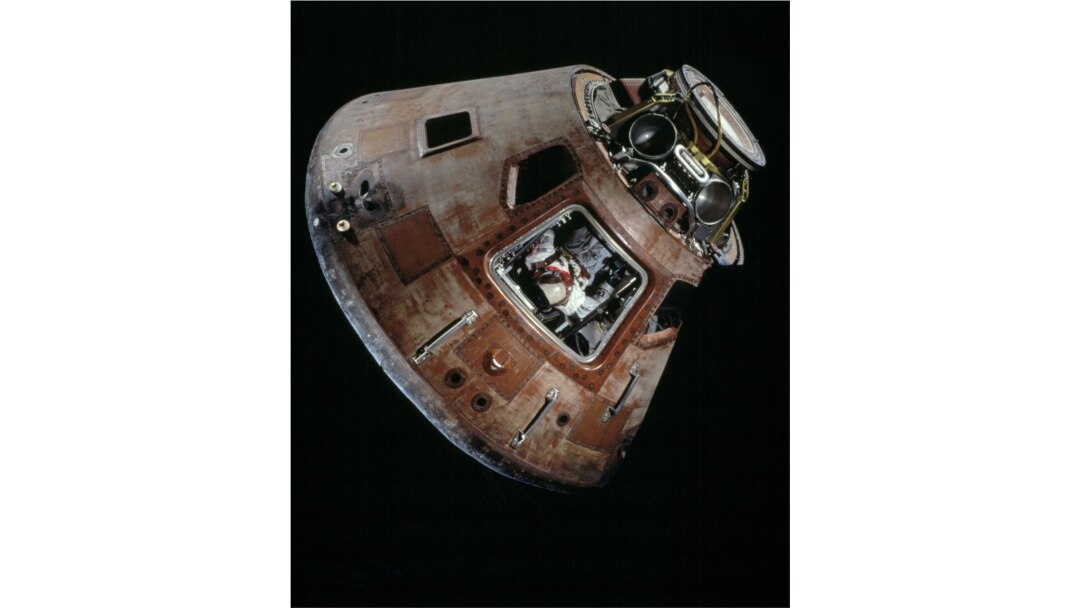 The Apollo 11 command module Columbia on display at the Smithsonian National Air and Space Museum in Washington. (Courtesy Eric Long/Smithsonian National Air and Space Museum)
