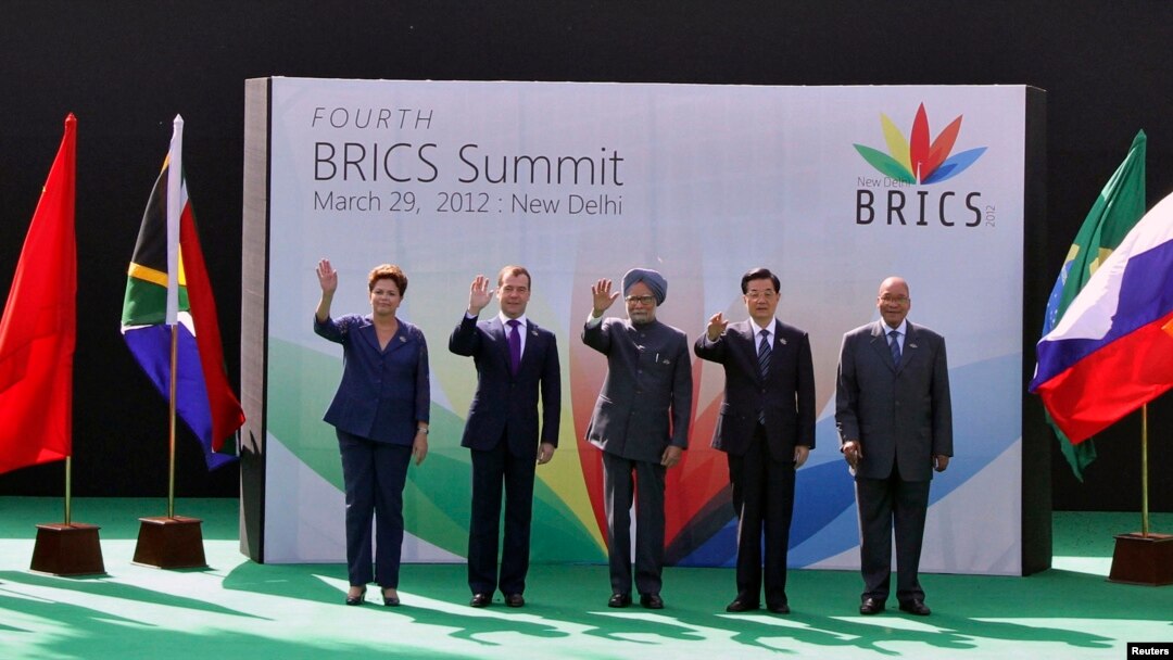 A Mar. 29, 2012 photo shows (L-R) Brazil's President Dilma Rousseff, Russian Pres. Dmitry Medvedev, Indian PM Manmohan Singh, former Chinese Pres. Hu Jintao and South African Pres. Jacob Zuma at the BRICS Summit in New Delhi, India.