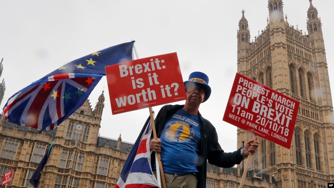 A demonstrator protests in front of parliament in London, Oct. 17, 2018. 