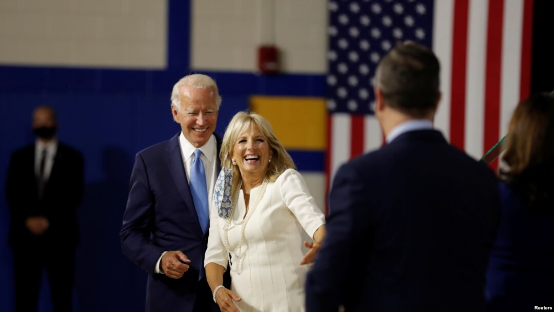 Democratic presidential candidate and former Vice President Joe Biden, his wife, Jill Biden, vice presidential candidate Senator Kamala Harris and her husband Douglas Emhoff are see in Wilmington, Delaware, Aug. 12, 2020.