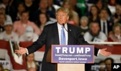 FILE - Republican presidential candidate Donald Trump speaks during a campaign rally, Dec. 5, 2015, in Davenport, Iowa.