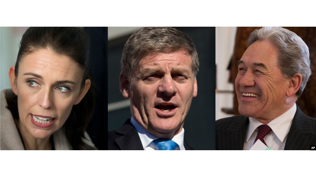 FILE - New Zealand Labour Party leader Jacinda Ardern in Christchurch, Aug. 16, 2017, New Zealand Prime Minister Bill English, in Christchurch Aug. 24, 2017, and New Zealand First leader Winston Peters in Christchurch, Aug. 16, 2017.