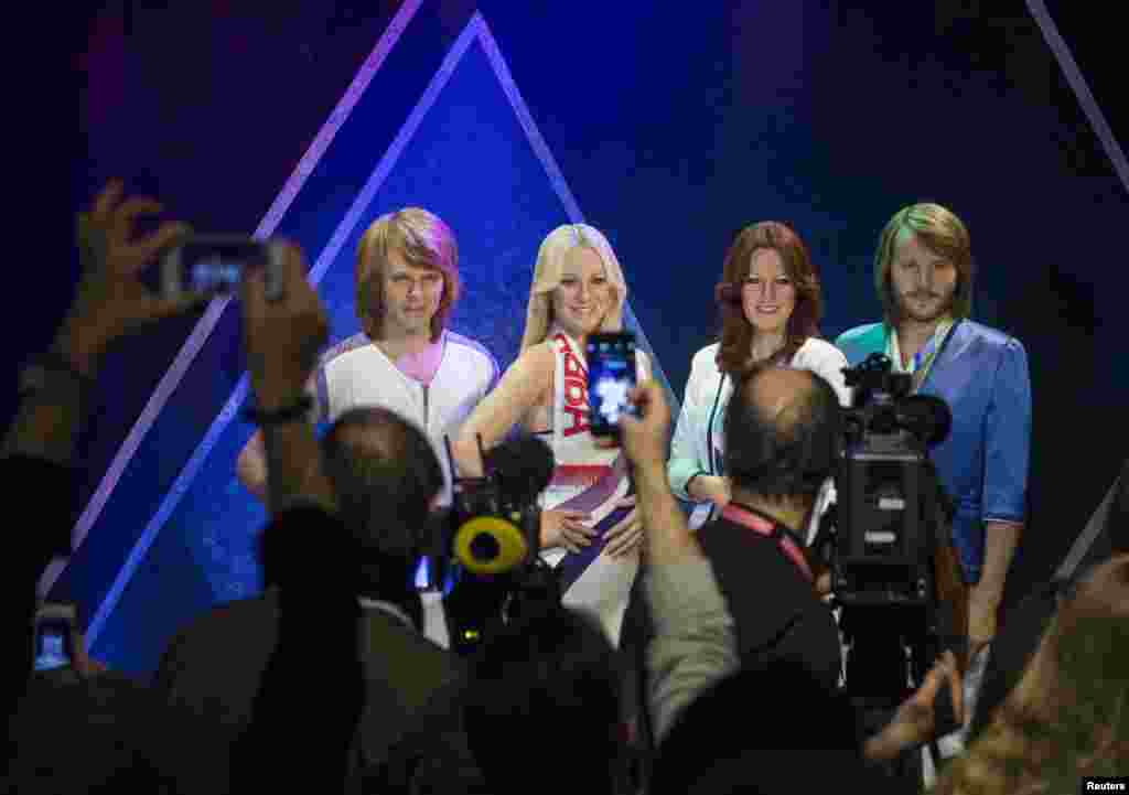 Swedish music band ABBA's new wax figures are presented at the ABBA museum in Stockholm.