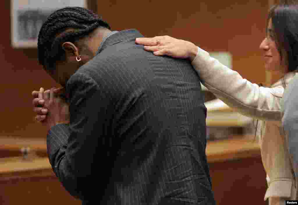 Rakim Mayers, aka A$AP Rocky, reacts in court as the verdict is given in his felony assault trial at the Clara Shortridge Foltz Criminal Justice Center in Los Angeles, California on February 18, 2025. A jury found the Grammy-nominated rapper not guilty of two felony counts of assault with a semi-automatic weapon in a 2021 altercation with another hip-hop artist in Hollywood.