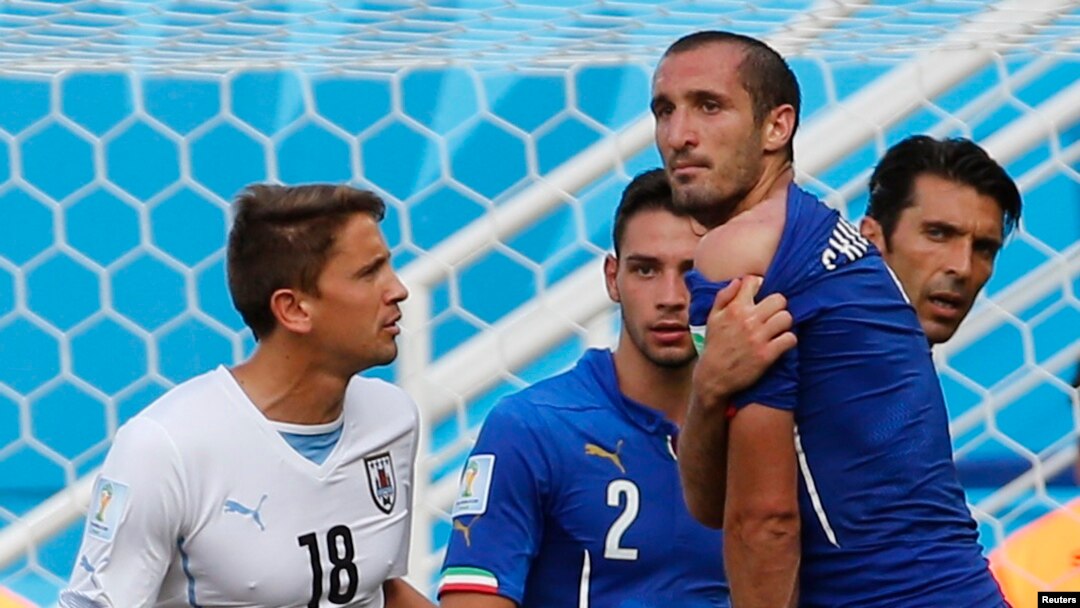 Italy's Giorgio Chiellini accuses Uruguay's Luis Suarez of biting him during their match at the Dunas arena in Natal, June 24, 2014.